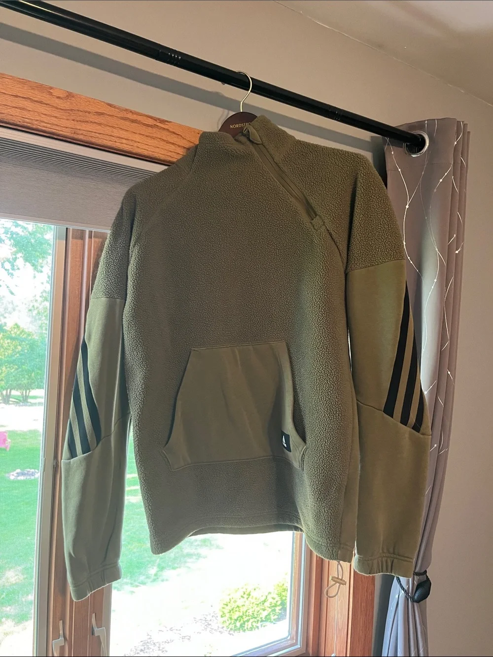 adidas Olive Green Sherpa Pullover with Black Three-Stripes